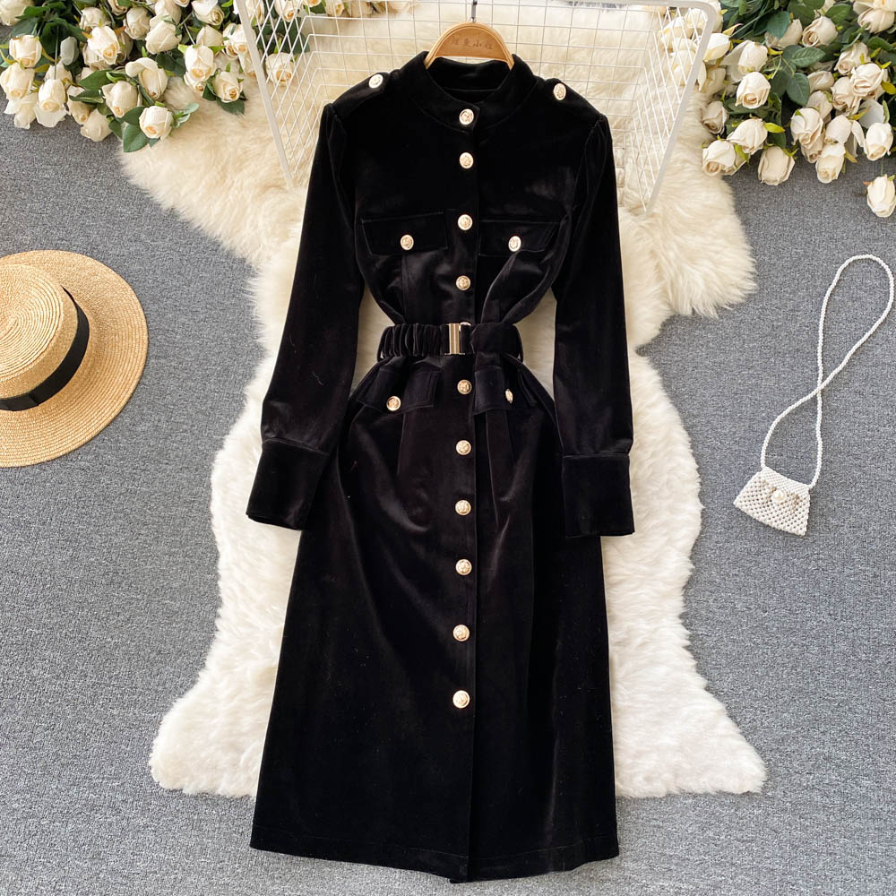 New Casual Dresses Spring Autumn Black Solid Slim Button Full Lady Dress A Line O Neck Chiffon Single Breasted Women Dresses Sexy