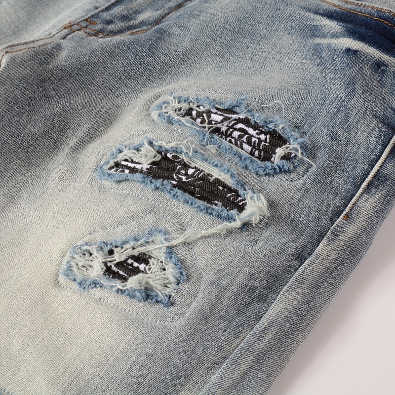 Men's Jeans Men Light Blue Steetwear Style Bandana Ribs Patchwork Skinny Stretch Holes Slim Fit High Street Distressed Ripped 230330