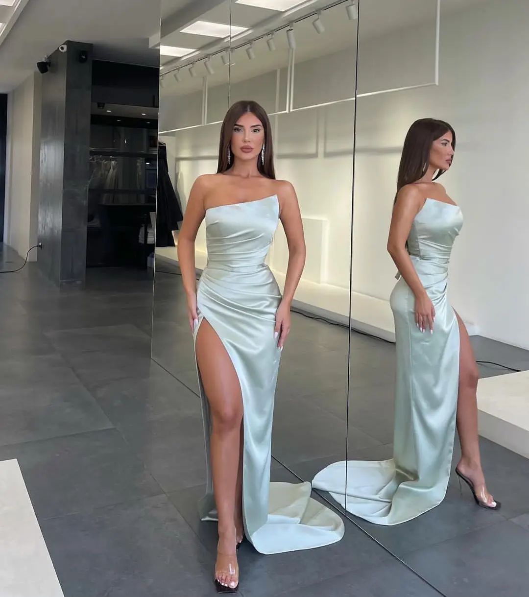 Mermaid Dubai Arabic Prom Dresses For Women Black Girls Strapless Satin Pleats Draped High Side Split Or Length Formal Evening Pageant Birthday Party 