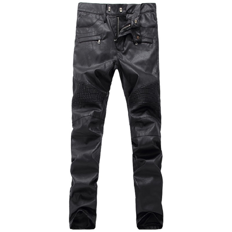 Men's Jeans France Style Mens Ripped Moto Pants Ribbed Skinny Black PU Leather Biker Slim Trousers Pencil Size 2940 230330