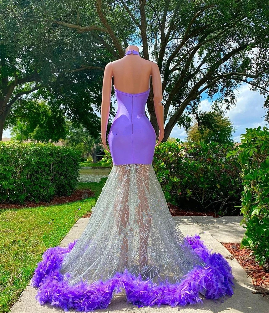 Lavender Lilac High Neck Long Prom Dresses For Black Girls Appliques Evening Gowns Feathers Birthday Party Gown Robe De Bal
