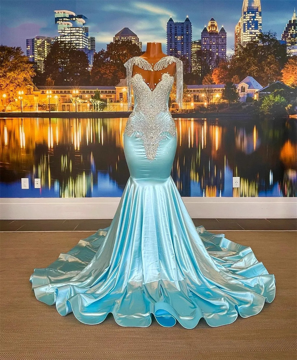 Blue Prom Sky Backless Dresses with Tassels African Mermaid Brithday Party Sliver Beaded Appliques Formal Dress Robe