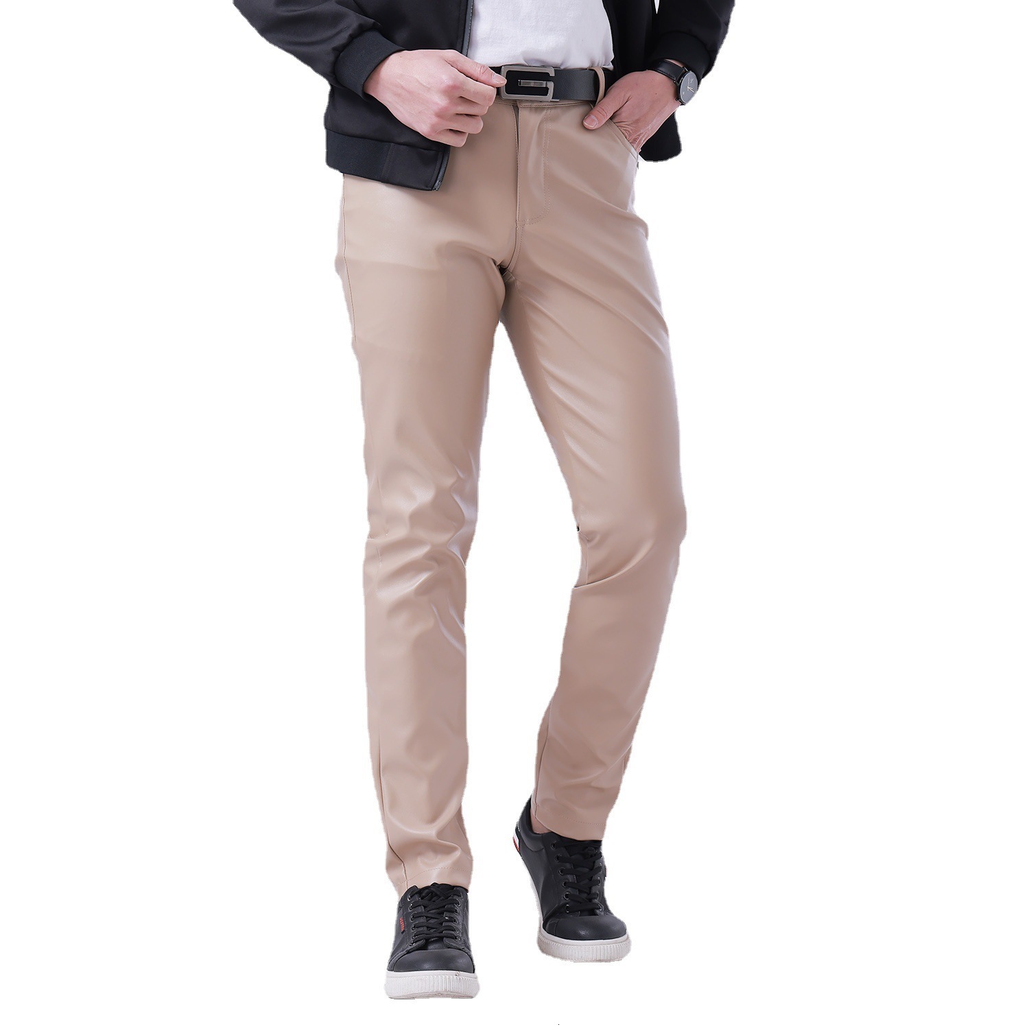 Men's Jeans Idopy Men's Faux Leather Pants Stretchy Slim Fit Office Business Casual Summer Thin PU Trousers For Male 230330