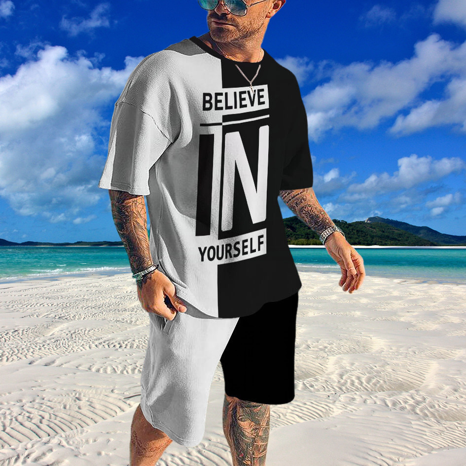 Men's Tracksuits Summer Fashion Trends Men's 3D Printed Stripe Pattern Jogging Sportswear Short Sleeve T-shirt Set Men's Wear 230408
