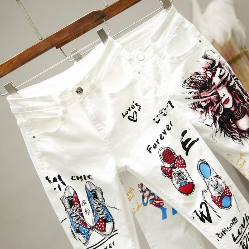 Women's Jean White Denim Jeans Cartoon Graffiti Flowers Print Stretched Hallen Pencil Pants Autumn Skinny LU1271 230330
