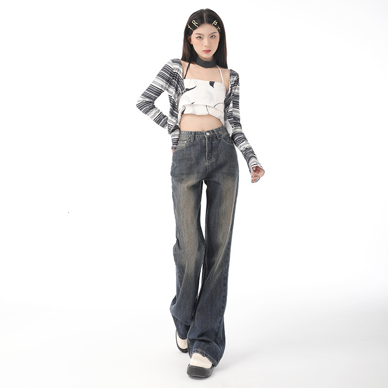 Women's Jeans Women 2023 Spring Fashion Bleached Flare Jean's Trousers Wash Blue Street Wear Straight Leg 230330