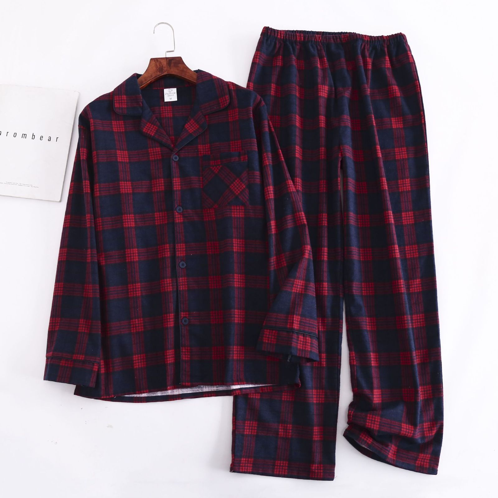 Men's Sleepwear Long Sleeve Cotton Velvet Men's Pajamas Plus Size Loose Autumn/Winter Checked Home Clothing Elastic Waist Trousers Pajamas 2