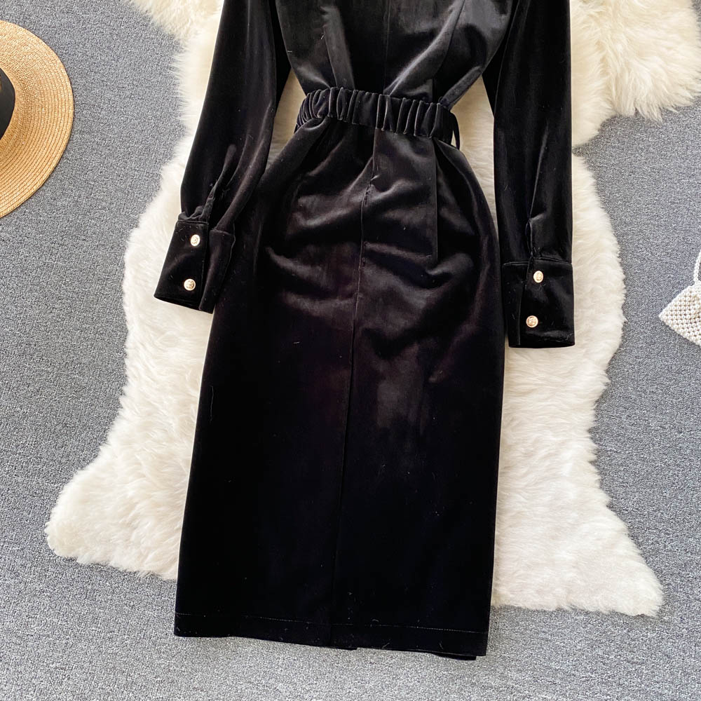 New Casual Dresses Spring Autumn Black Solid Slim Button Full Lady Dress A Line O Neck Chiffon Single Breasted Women Dresses Sexy