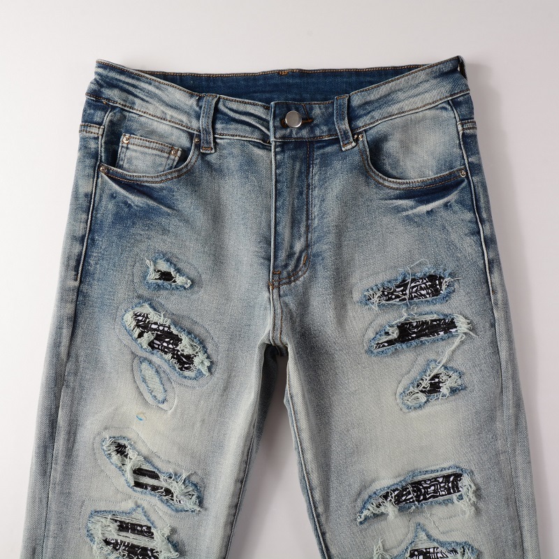 Men's Jeans Men Light Blue Steetwear Style Bandana Ribs Patchwork Skinny Stretch Holes Slim Fit High Street Distressed Ripped 230330