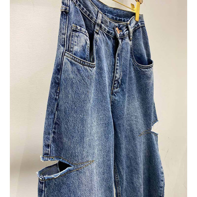 Women's Jeans Cosmicchic Women Straight ripped Casual Knife Cut Hole Loose Pants High Waist Street Retro Denim Trousers Female 230330