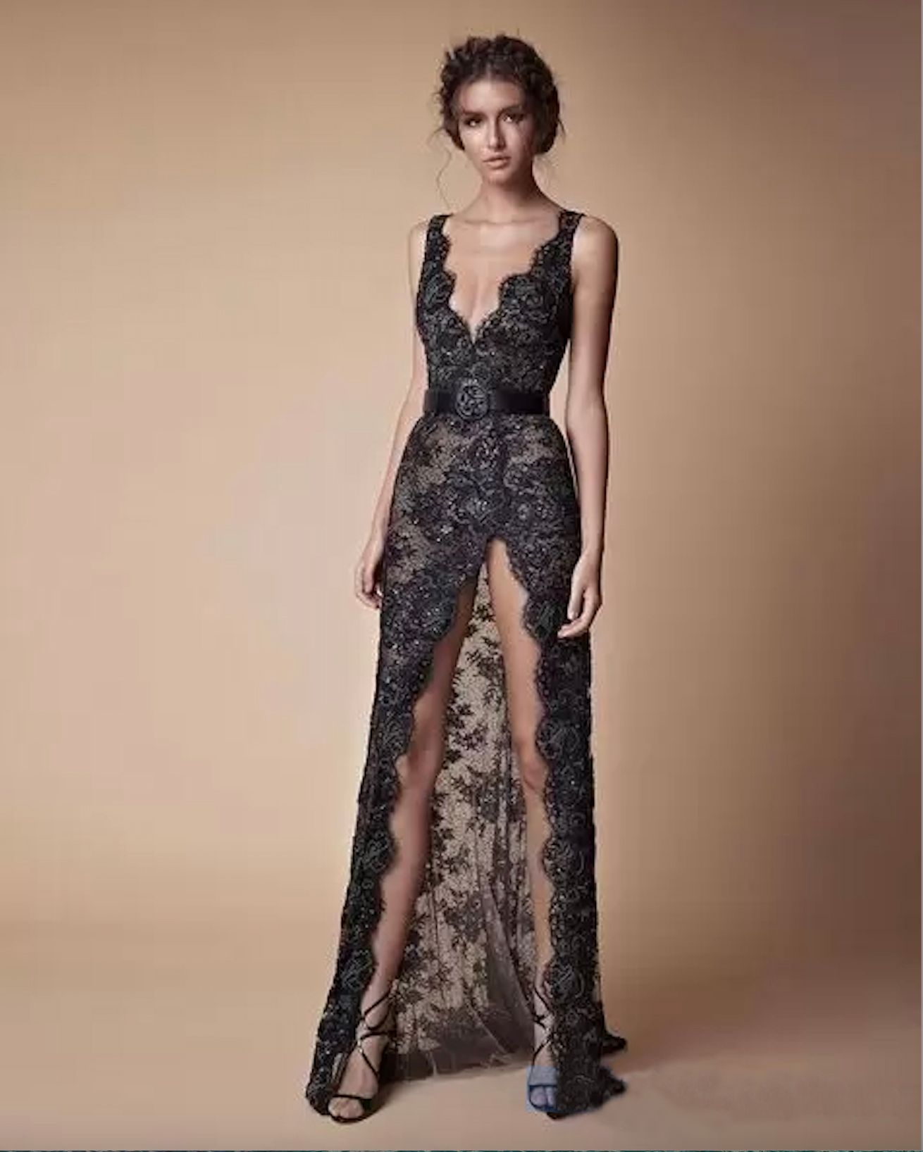 Straight Evening Dresses Formal Prom Party Gown V-Neck Sleeveless Floor-Length Sweep Train Lace long Sexy Split Front/Side Black Custom