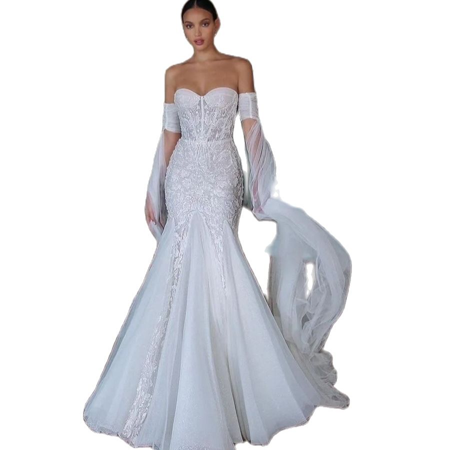 Princess Mermaid Wedding Dresses 2023 Off Shoulder Long Sleeve Vestido De Novia Lace Sequins SweepTrain Robe De Mariee