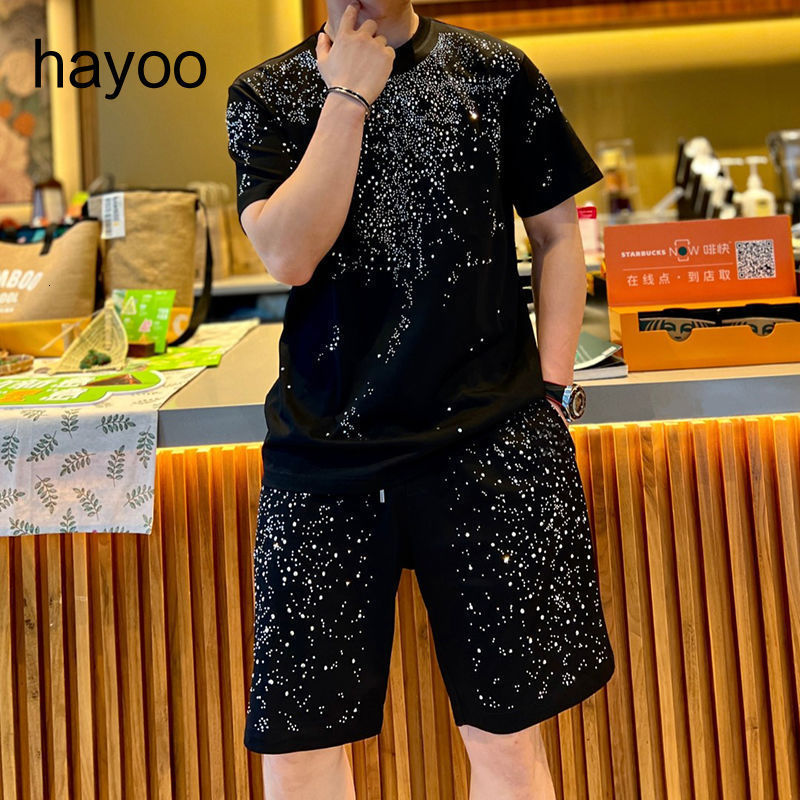 Men's Tracksuits Trend Heavy Industry Star Diamond Short Sleeve T-shirt Shorts Two Piece Men's Casual Summer Set 230330