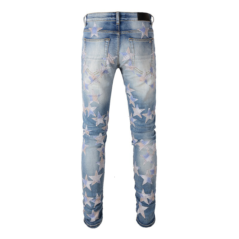 Men's Jeans Light Blue Distressed Streetwear Stars Patches Slim Stretch Skinny High Street Fashion Style Ripped 230330