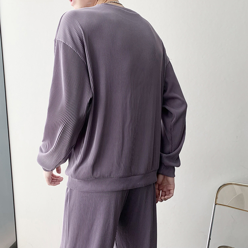 Men's Tracksuits Black/Grey/Purple Pleated Set Men's Fashion Elastic Loose Long Sleeve T-shirt Trousers Two Piece Korean Loose Men's Ic