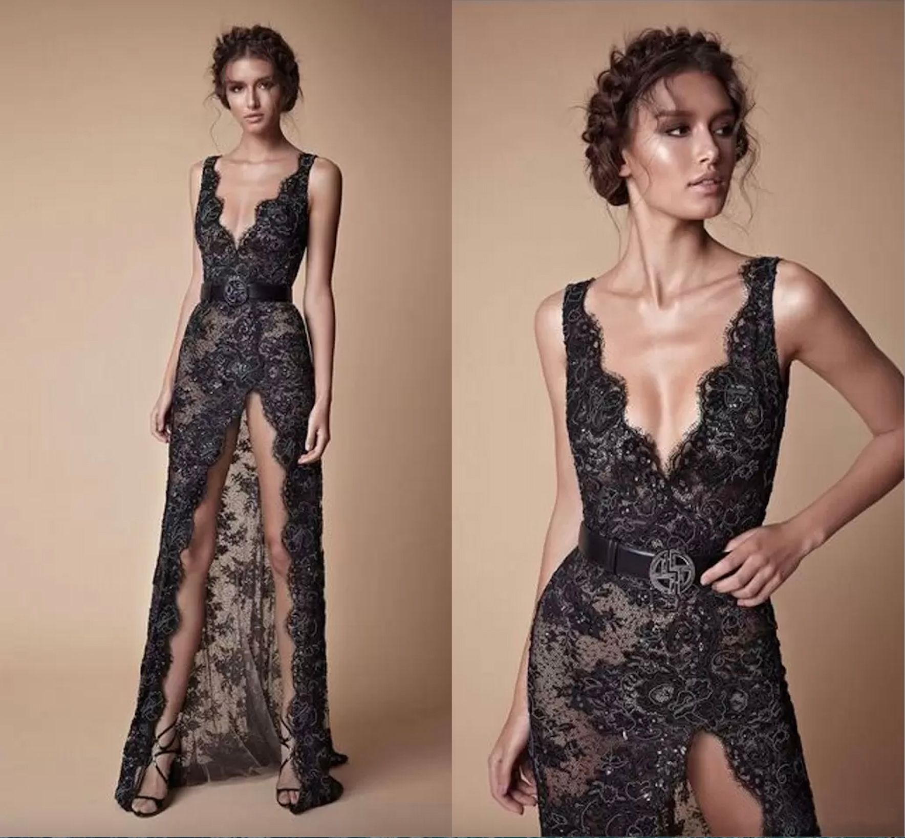 Straight Evening Dresses Formal Prom Party Gown V-Neck Sleeveless Floor-Length Sweep Train Lace long Sexy Split Front/Side Black Custom