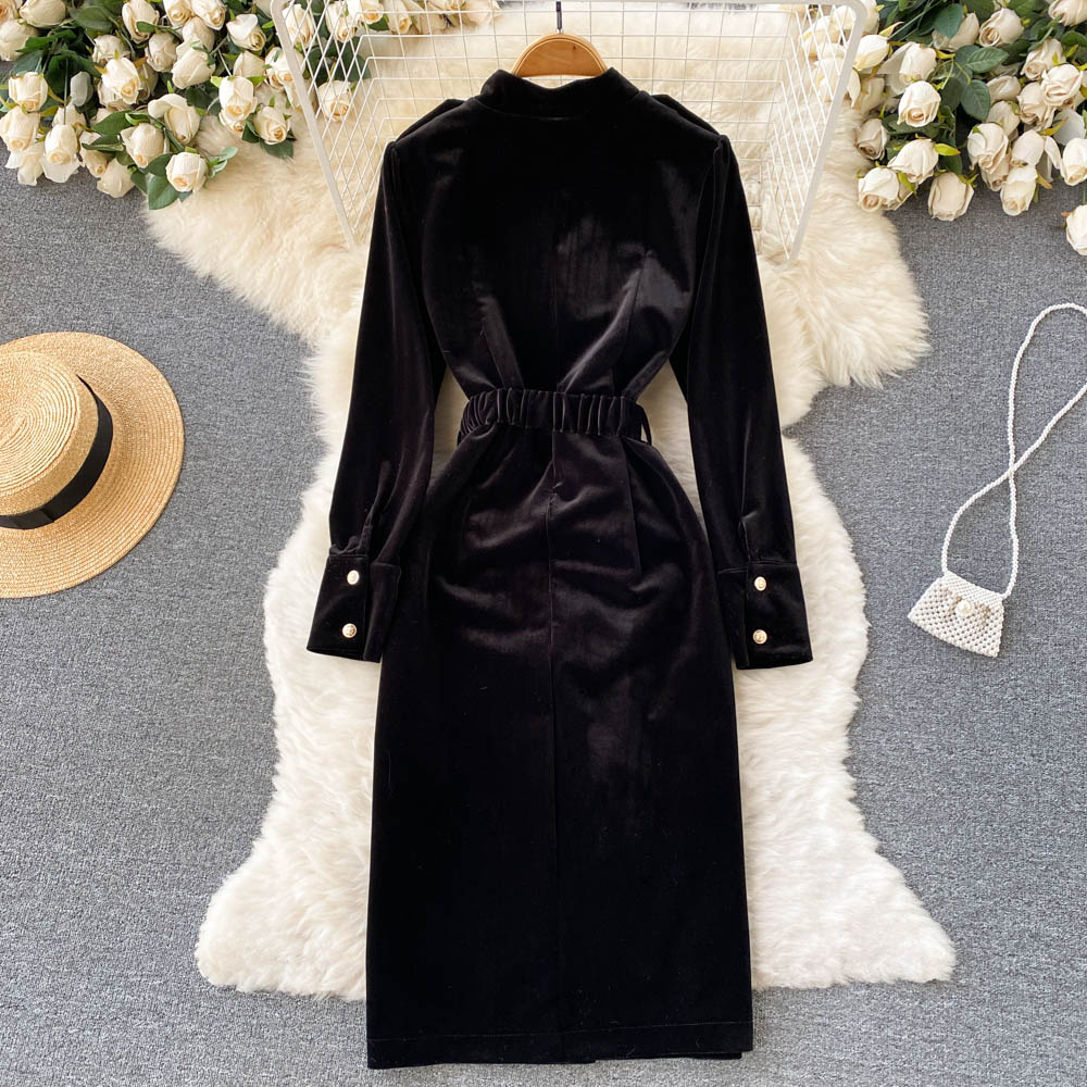 New Casual Dresses Spring Autumn Black Solid Slim Button Full Lady Dress A Line O Neck Chiffon Single Breasted Women Dresses Sexy
