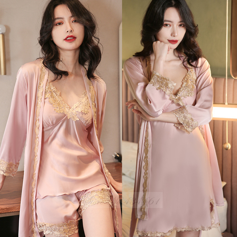 Women's Sleepwear Lace 5PCS Pajamas Set Spring Women Satin Lounge Wear Lingerie Home Clothes Sexy Kimono Bathrobe Gown With Breast Pads 230330Z
