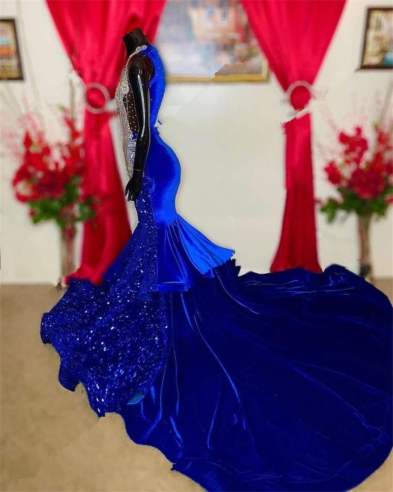 Sparkly Royal Blue O Neck Long Prom Dresses For Black Girls 2023 Sequined Gillter Mermaid African Aso Ebi Evening Occasion Gown