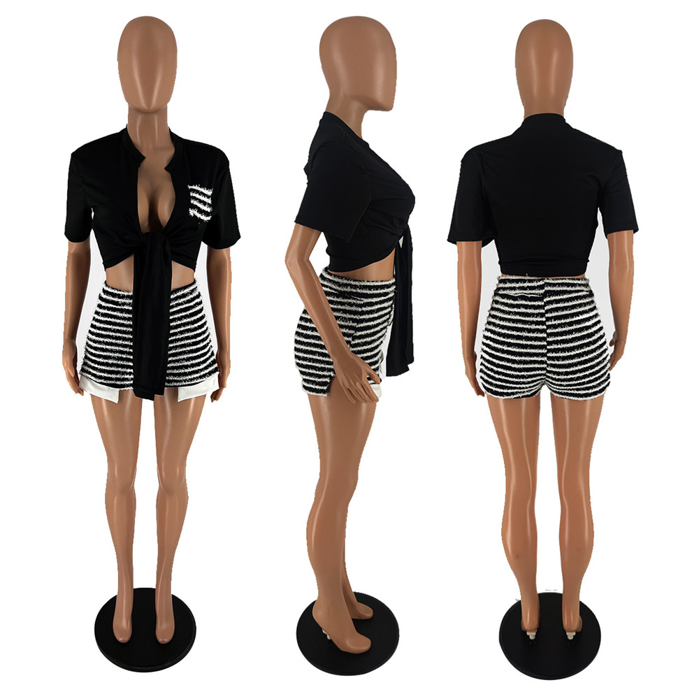 2023 Designer Summer Tracksuits Two 2 Piece Sets Women Outfits Short Sleeve Bandage Shirt and Striped Shorts Matching Sportswear Jogger Suits Wholesal