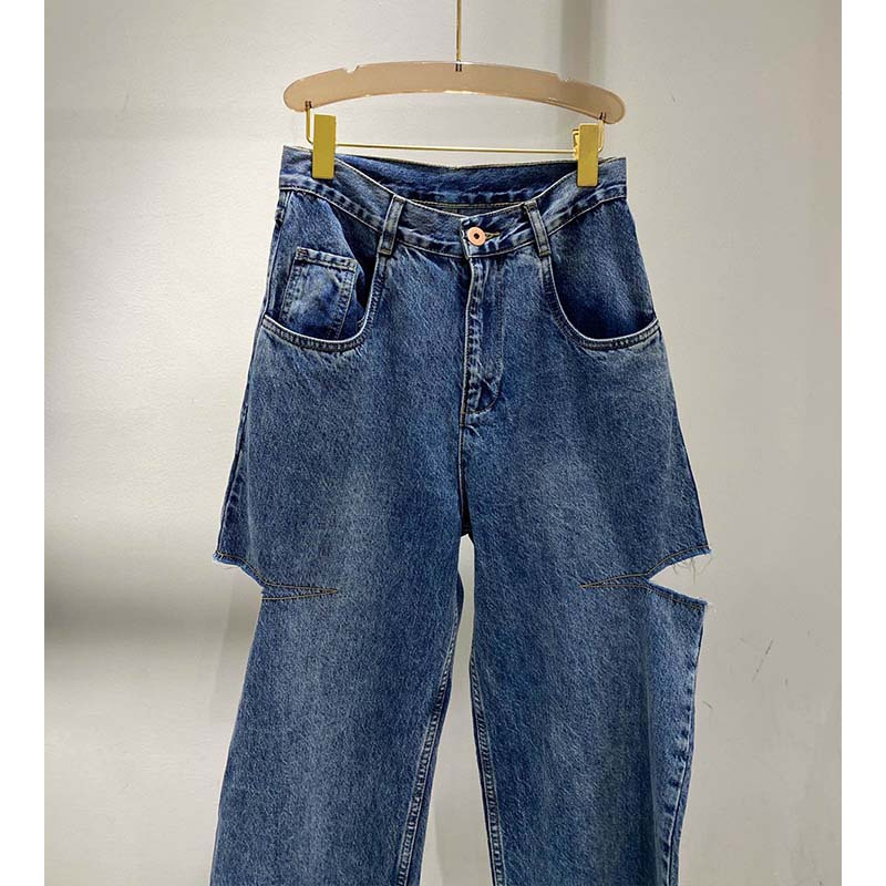 Women's Jeans Cosmicchic Women Straight ripped Casual Knife Cut Hole Loose Pants High Waist Street Retro Denim Trousers Female 230330