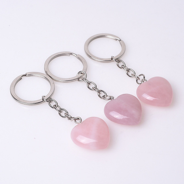 Natural Stone heart Keychain Key Ring Gem rose Quartz Amethyst love Pendants Charms keyring