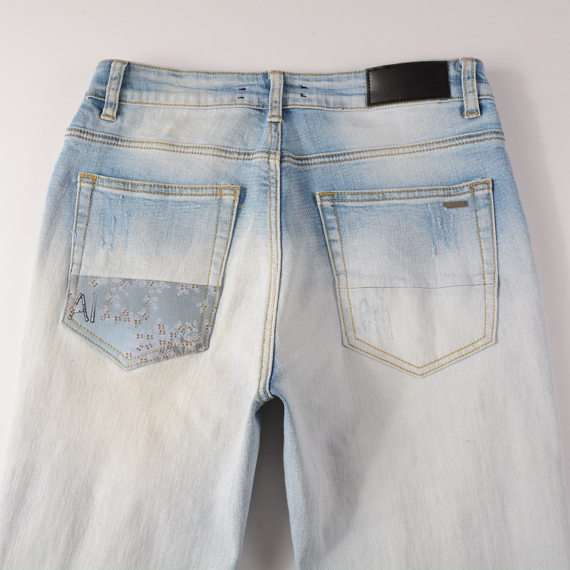 Men's Jeans Light Blue Slim Fit Streetwear Fashion Style Distressed Skinny Stretch Destroyed Hole Tie Dye Bandana Patches Ripped 230330