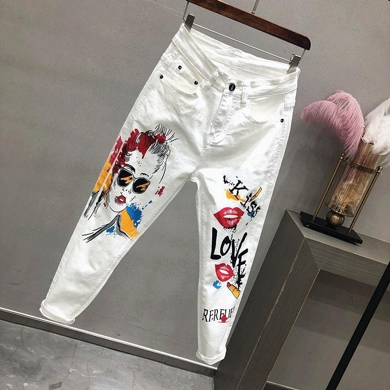 Women's Jean White Denim Jeans Cartoon Graffiti Flowers Print Stretched Hallen Pencil Pants Autumn Skinny LU1271 230330