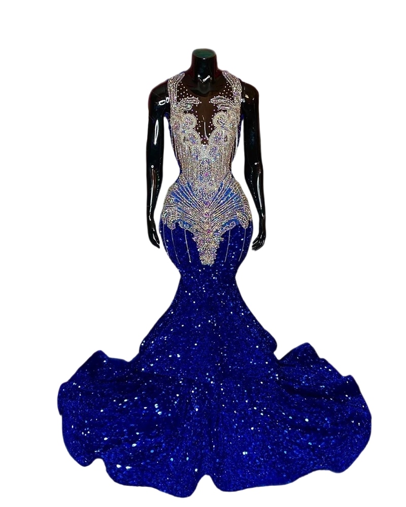 Sparkly Royal Blue O Neck Long Prom Dresses For Black Girls 2023 Sequined Gillter Mermaid African Aso Ebi Evening Occasion Gown