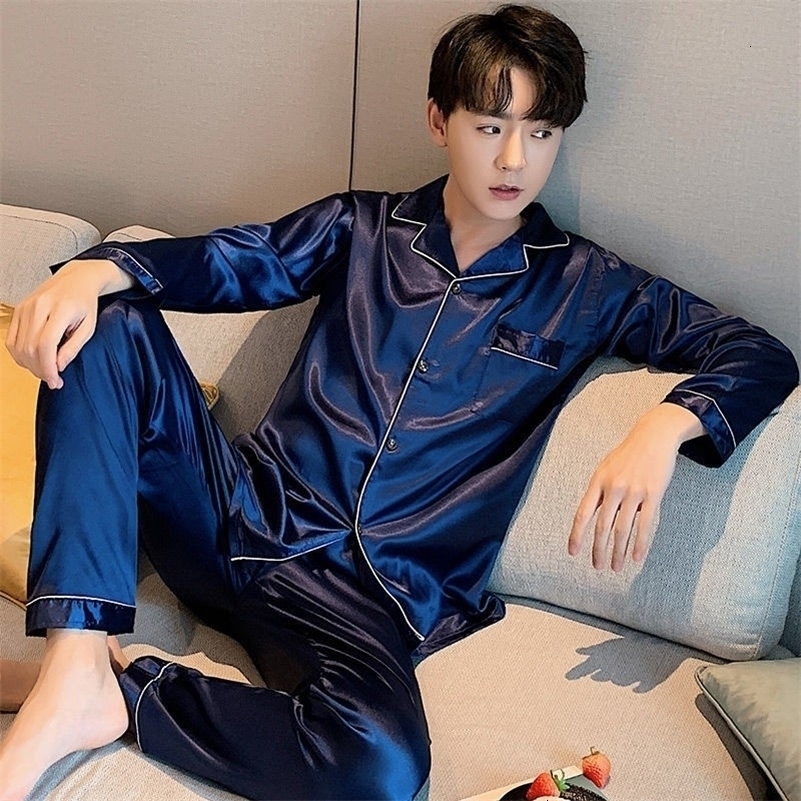 Men's Sleepwear Men's Satin Nightwear Set Navy 2PCS Shirts and Trousers Nightwear Set Long Sleeve Couple Nightwear Pjamas Plus Size 3XL 4XL 