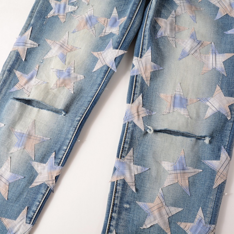 Men's Jeans Light Blue Distressed Streetwear Stars Patches Slim Stretch Skinny High Street Fashion Style Ripped 230330