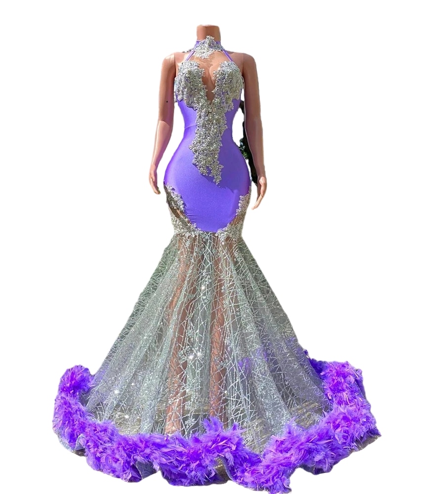 Lavender Lilac High Neck Long Prom Dresses For Black Girls Appliques Evening Gowns Feathers Birthday Party Gown Robe De Bal