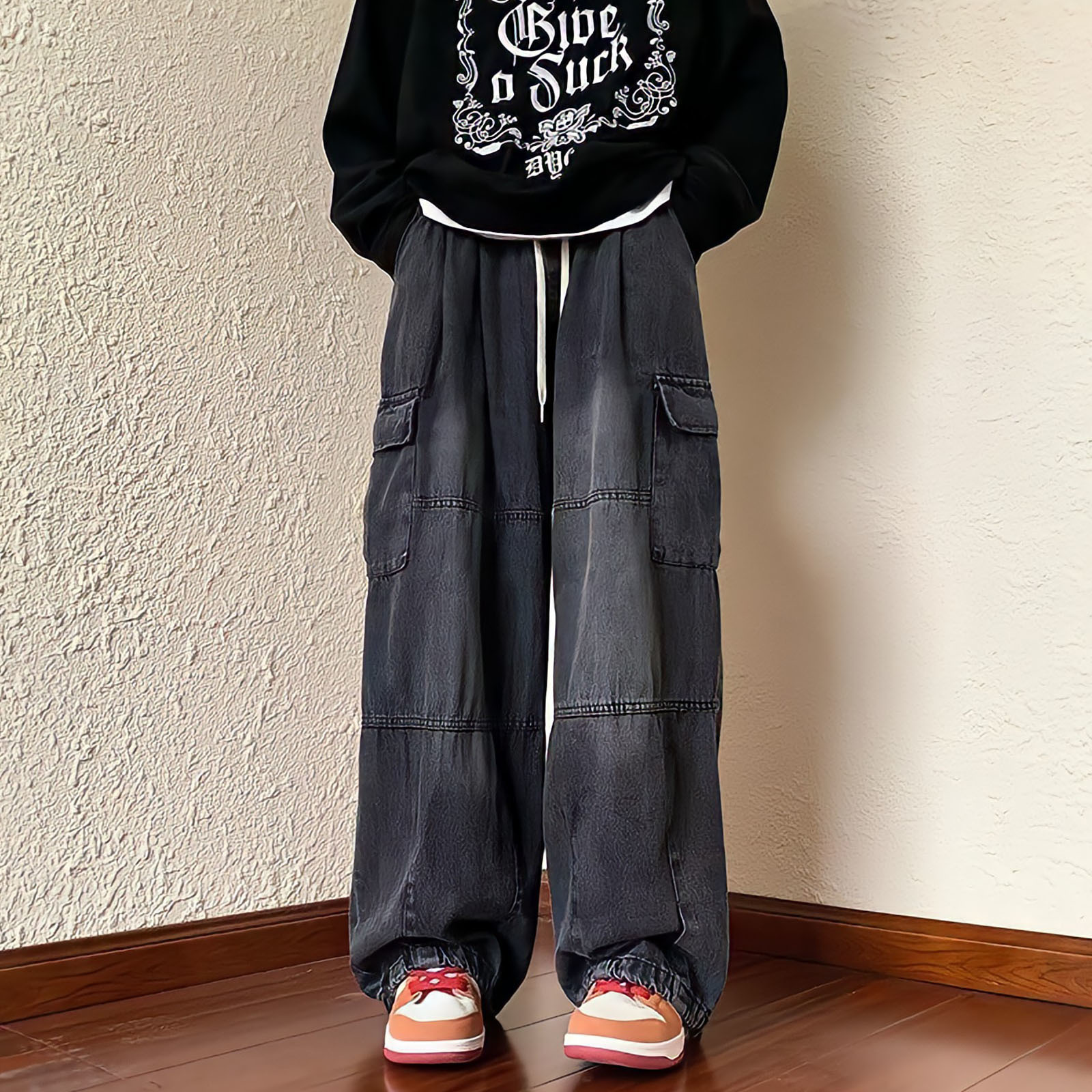 Men's Jeans Black Kpop Cargo Pants Men Hip Hop Grunge Punk Japanese Streetwear Vintage Y2k Korean Style Straight Wide Leg Trousers 230330