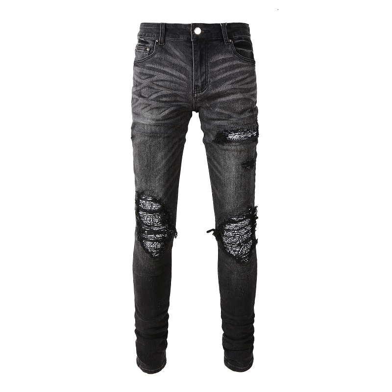 Men's Jeans Arrivals Distressed Slim Fit Steetwear Style Bandana Patchwork Skinny Stretch High Street Dark Gray Black Ripped 230330