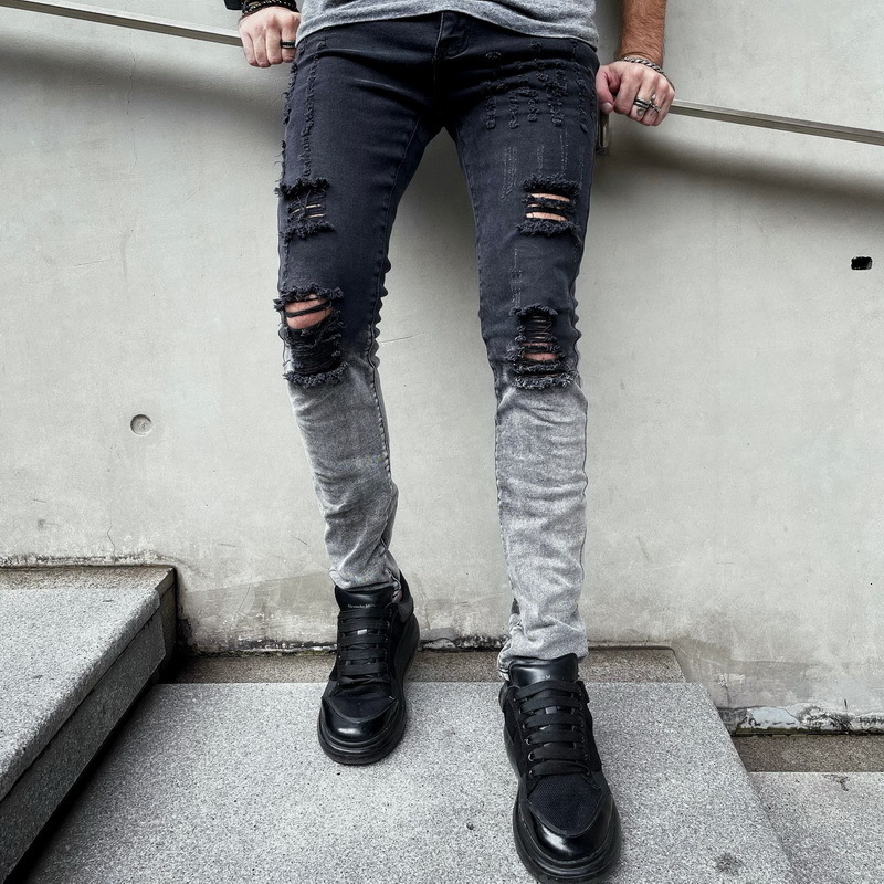 Men's Jeans Casual Denim Slim Zipper Black Hole Painted White Stretch Pencil Pants Ripped For Straight Full Length 230330