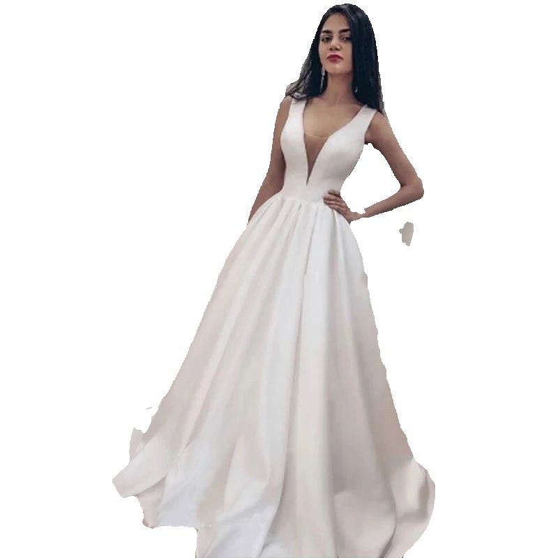Wedding Dresses Deep V-neck Elegant Satin Robe De Mariee Bride To Be Long Bride Gowns Vestido De Novia