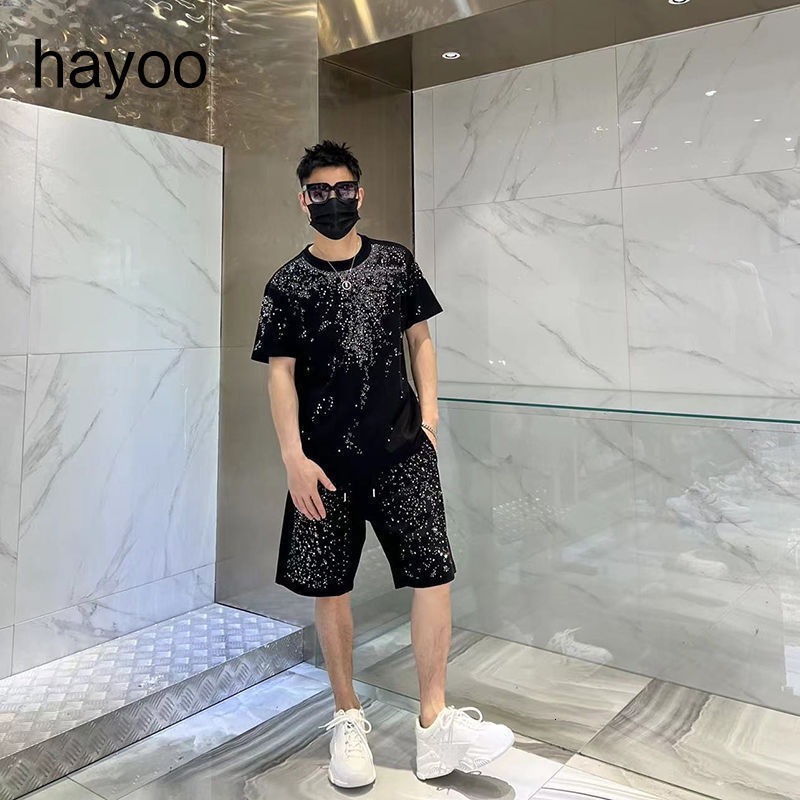 Men's Tracksuits Trend Heavy Industry Star Diamond Short Sleeve T-shirt Shorts Two Piece Men's Casual Summer Set 230330