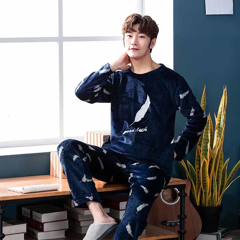 Men's Sleepwear Men's Pajama Set Autumn and Winter Soft Warm Flannel Men's Pajama Set Long Sleeve Father's Pajama Set Casual Home 
