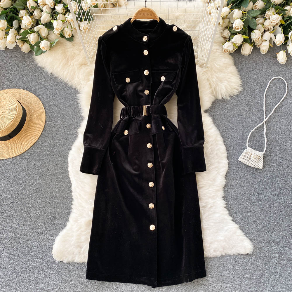 New Casual Dresses Spring Autumn Black Solid Slim Button Full Lady Dress A Line O Neck Chiffon Single Breasted Women Dresses Sexy