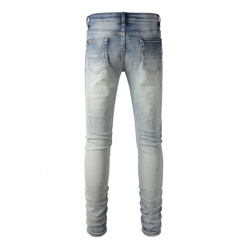 Men's Jeans Men Light Blue Steetwear Style Bandana Ribs Patchwork Skinny Stretch Holes Slim Fit High Street Distressed Ripped 230330