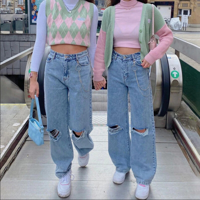 Women's Jeans High Waist Women Autumn Fashion Ripped Flare Jean's Trousers Wash Blue Street Wear Straight Leg 230330