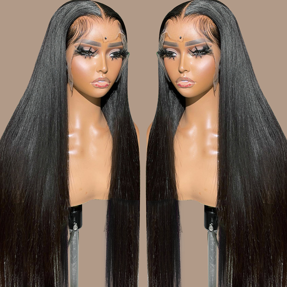 Long Straight Brazilian Lace Front Human Hair Wigs Glueless Transparent 13x4 Lace Frontal Wigs Pre Plucked Black/Grey/Blue Colored Wear and Go Glueles