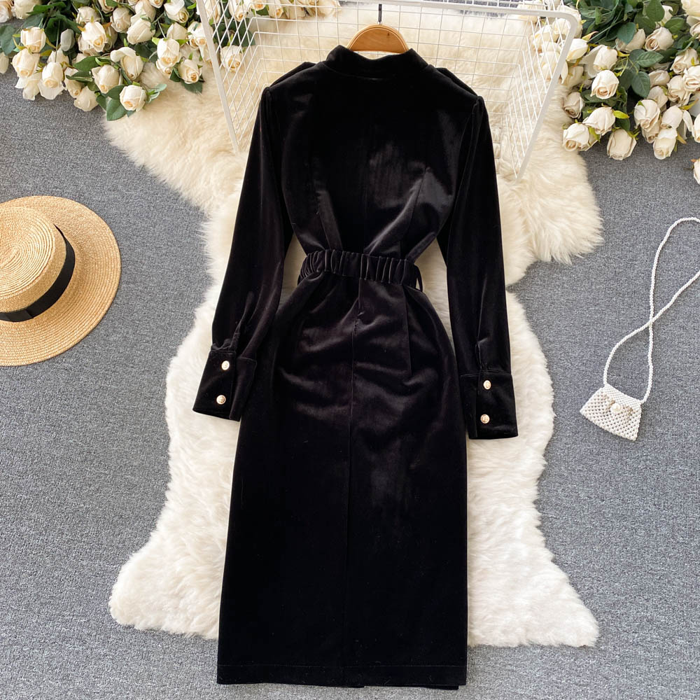 New Casual Dresses Spring Autumn Black Solid Slim Button Full Lady Dress A Line O Neck Chiffon Single Breasted Women Dresses Sexy