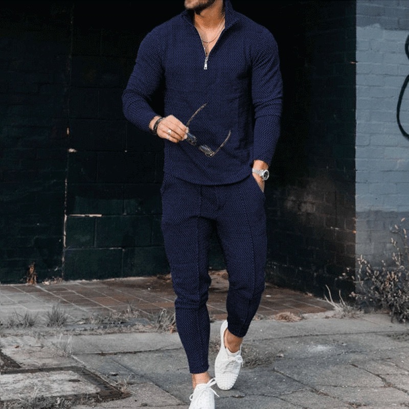 Men's Tracksuits Men's Active Casual Half Zipper Standing Neck Long Sleeve Drawn T-shirt and Trouser Set Men's Street Clothing Solid Co