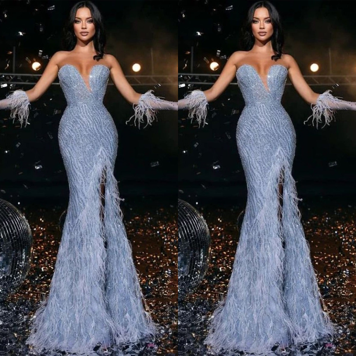 Gorgeous Mermaid Prom Dresses Sweetheart Stripe Applicants Side Split With Feathers Zipper Or Length Plus Size Custom Made Party Dress Vestido De Noit