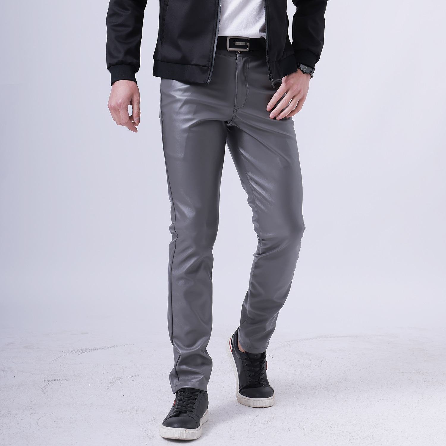 Men's Jeans Idopy Men's Faux Leather Pants Stretchy Slim Fit Office Business Casual Summer Thin PU Trousers For Male 230330