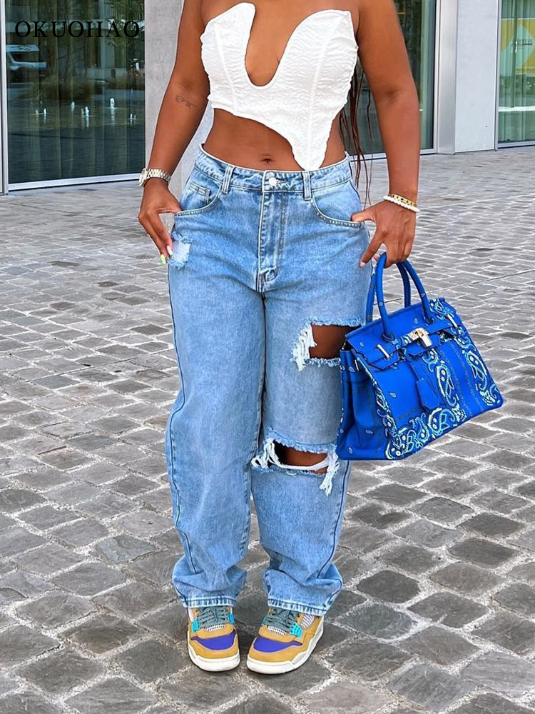 Women's Jean Summer High Waist Ripped Jeans Vintage Baggy Straight Wide Leg Pants Fashion Comfy Boyfriend Denim Trousers Y2k Style 230330