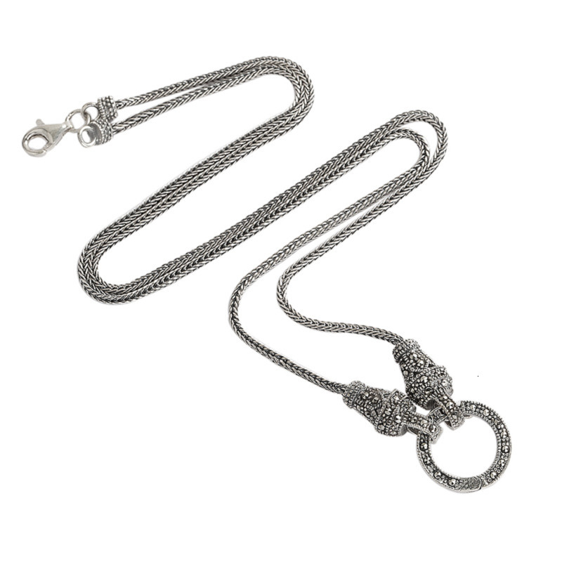 Pendant Necklaces Real Silver Long Chain Retro Women S925 Sterling Marcasite Stone Thai Jewelry 230329