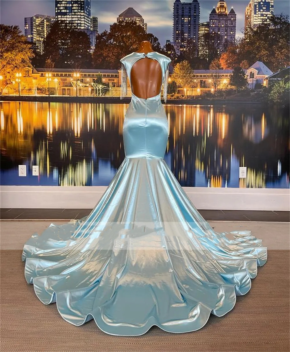 Blue Prom Sky Backless Dresses with Tassels African Mermaid Brithday Party Sliver Beaded Appliques Formal Dress Robe