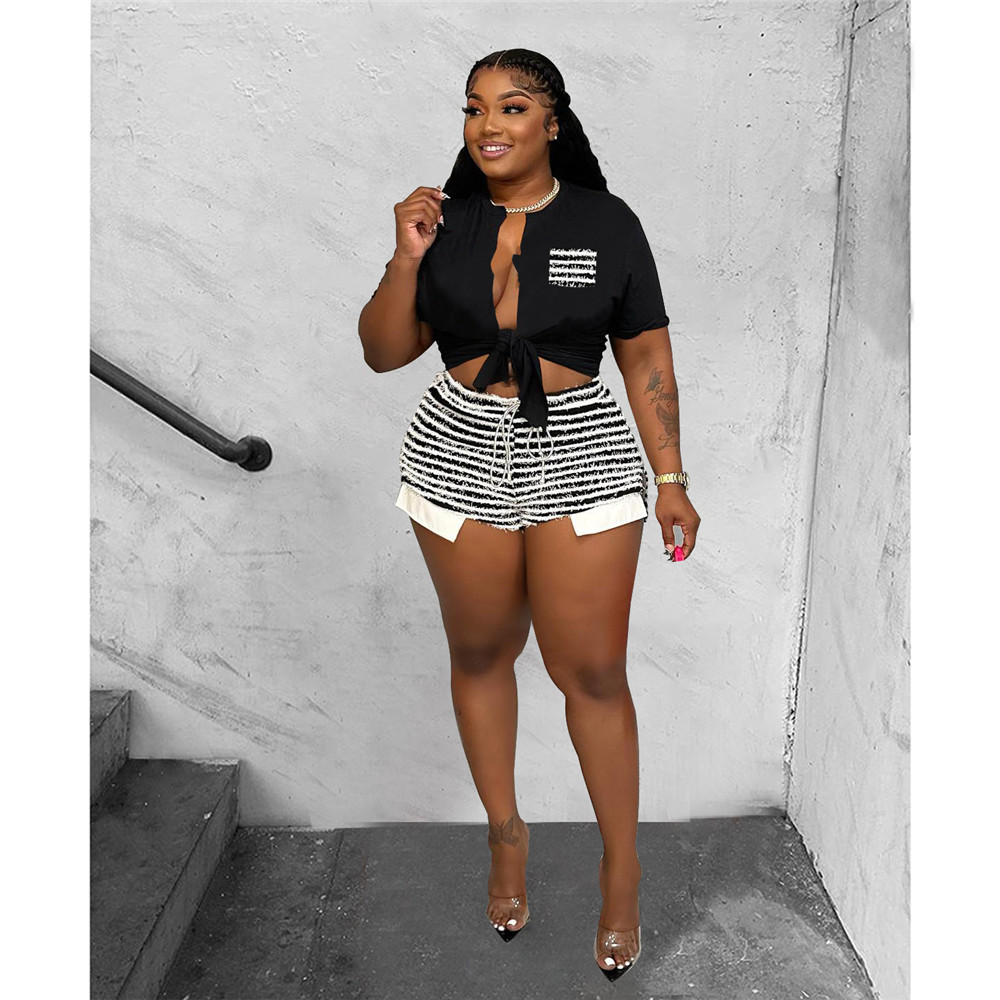 2023 Designer Summer Tracksuits Two 2 Piece Sets Women Outfits Short Sleeve Bandage Shirt and Striped Shorts Matching Sportswear Jogger Suits Wholesal